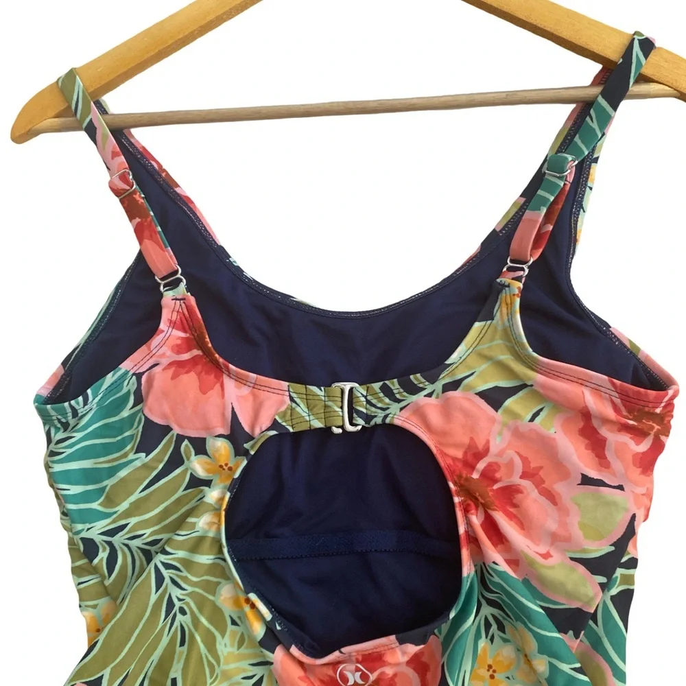 Hurley Tropical One-Piece Swimsuit L Open Back Molded Cups‎ Adjustable Straps